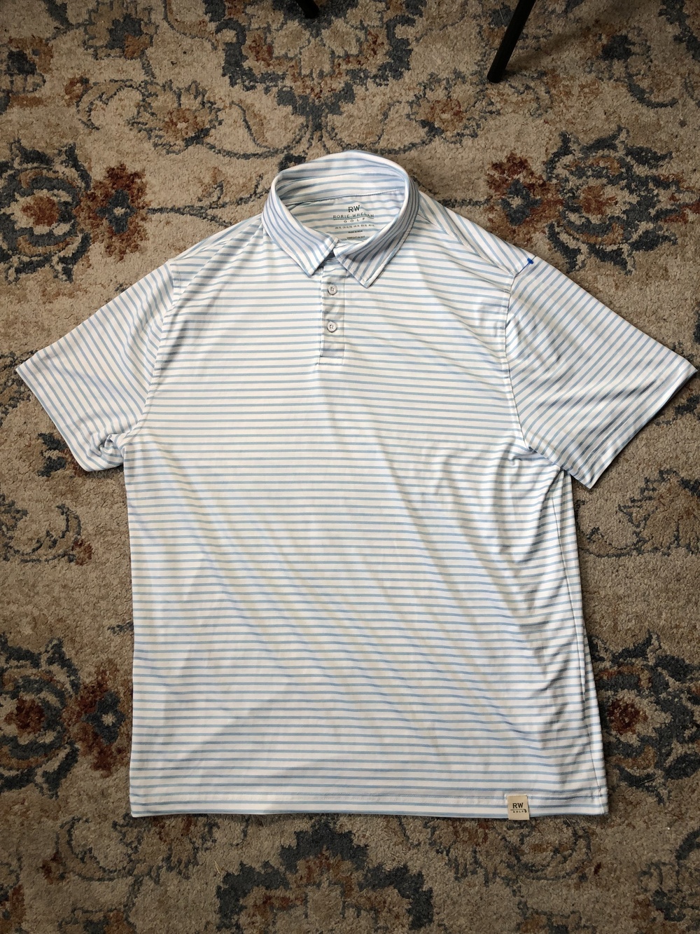 Rorie Whelan Polo Shirt Mens XL White Blue Striped Golf Performance RW Stretch